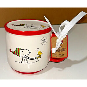 Rae Dunn X Peanuts Snoopy Woodstock Happy Holidays Mug with Lid Ceramic NWT